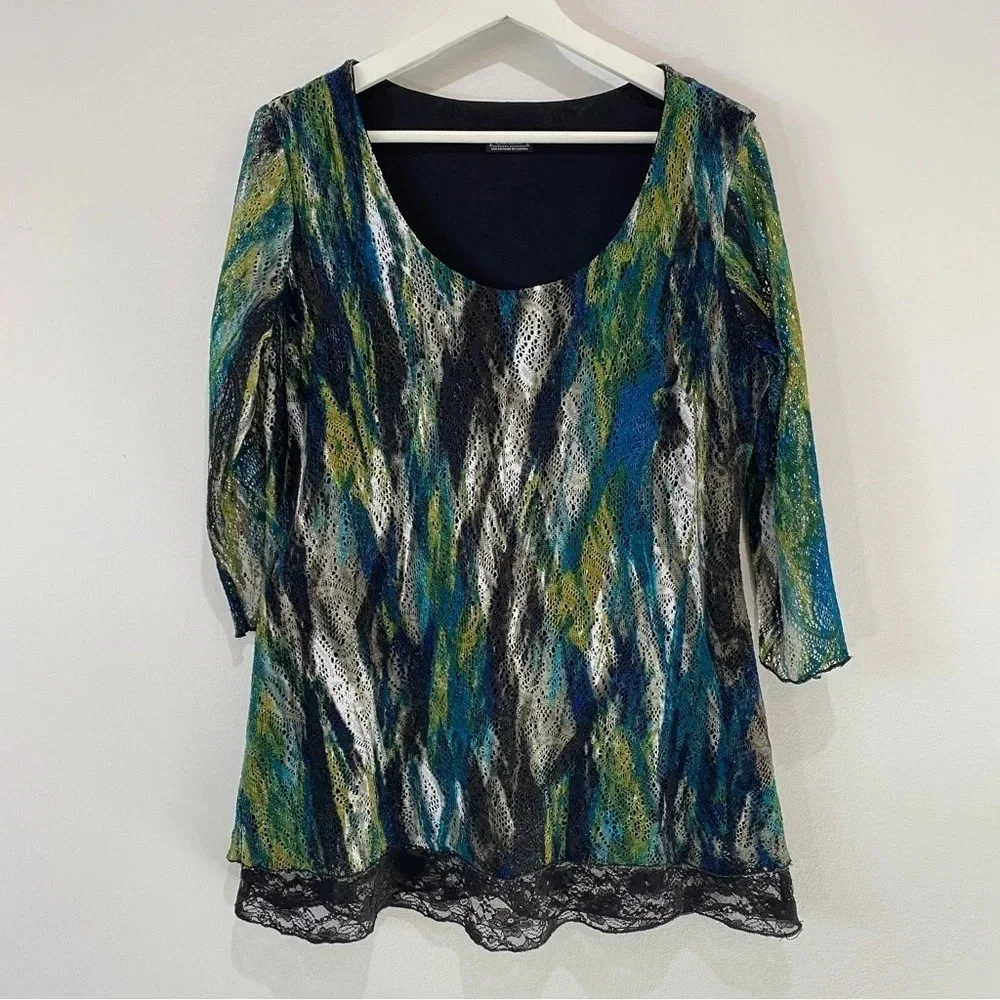 Clientele Watercolor Lace Overlay Frilly Blouse Size M
